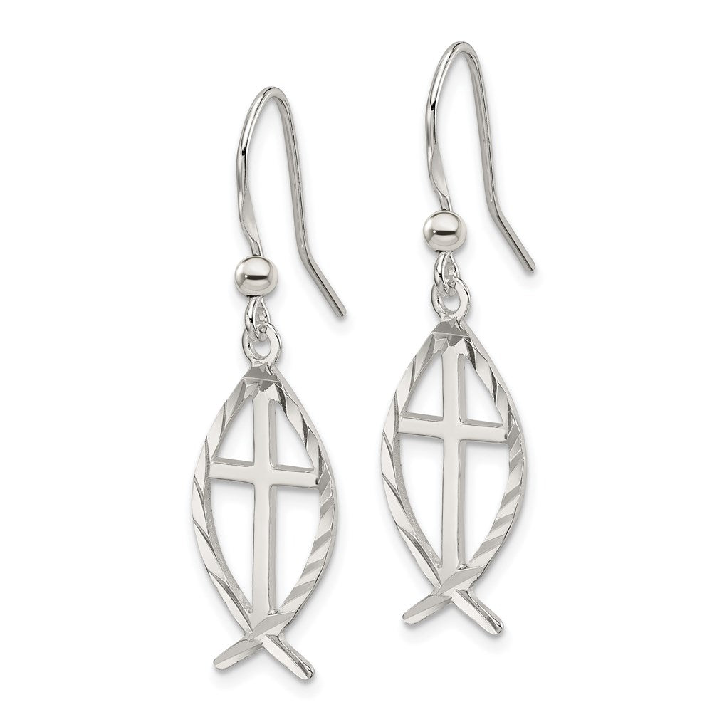 Sterling Silver Polished & D/C Cross Ichthus Dangle Earrings