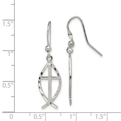 Sterling Silver Polished & D/C Cross Ichthus Dangle Earrings
