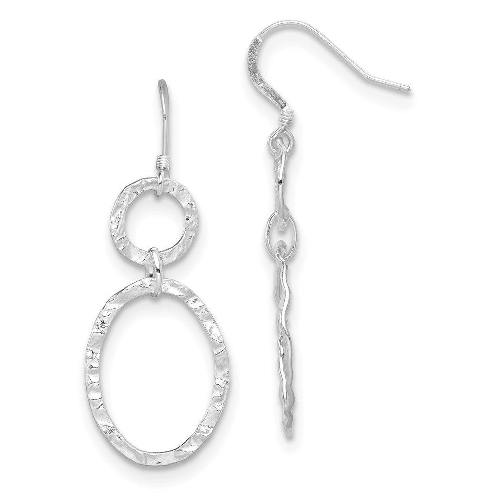 Sterling Silver Rhod-Plated Polished & Hammered Circle Oval Dangle Earrin
