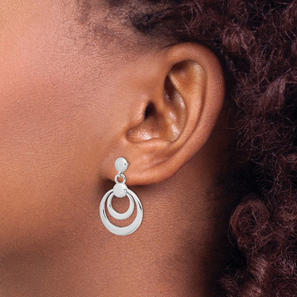 Sterling Silver Rhodium-Plated Polished Double Circle Post Dangle Earrings