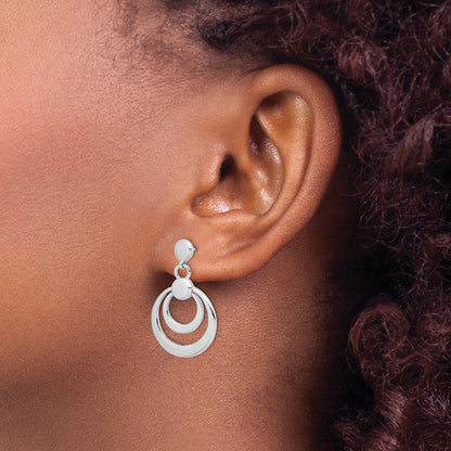 Sterling Silver Rhodium-Plated Polished Double Circle Post Dangle Earrings