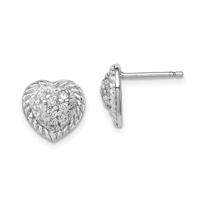 Sterling Silver Rhodium Plated Cz Heart Post Earrings