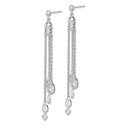 Sterling Silver Rh-Plated Polished Cz & Multi-Chain Post Dangle Earrings