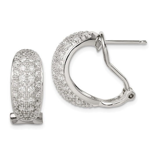 Sterling Silver Rhodium-Plated Polished Cz Omega Back C-Hoop Earrings