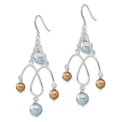 Sterling Silver Polished Blue & Champagne Simulated Pearl Dangle Earrings