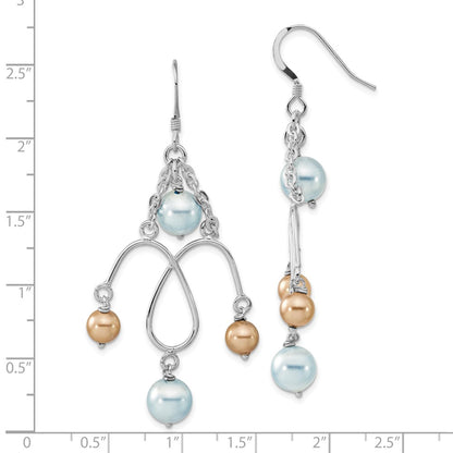 Sterling Silver Polished Blue & Champagne Simulated Pearl Dangle Earrings