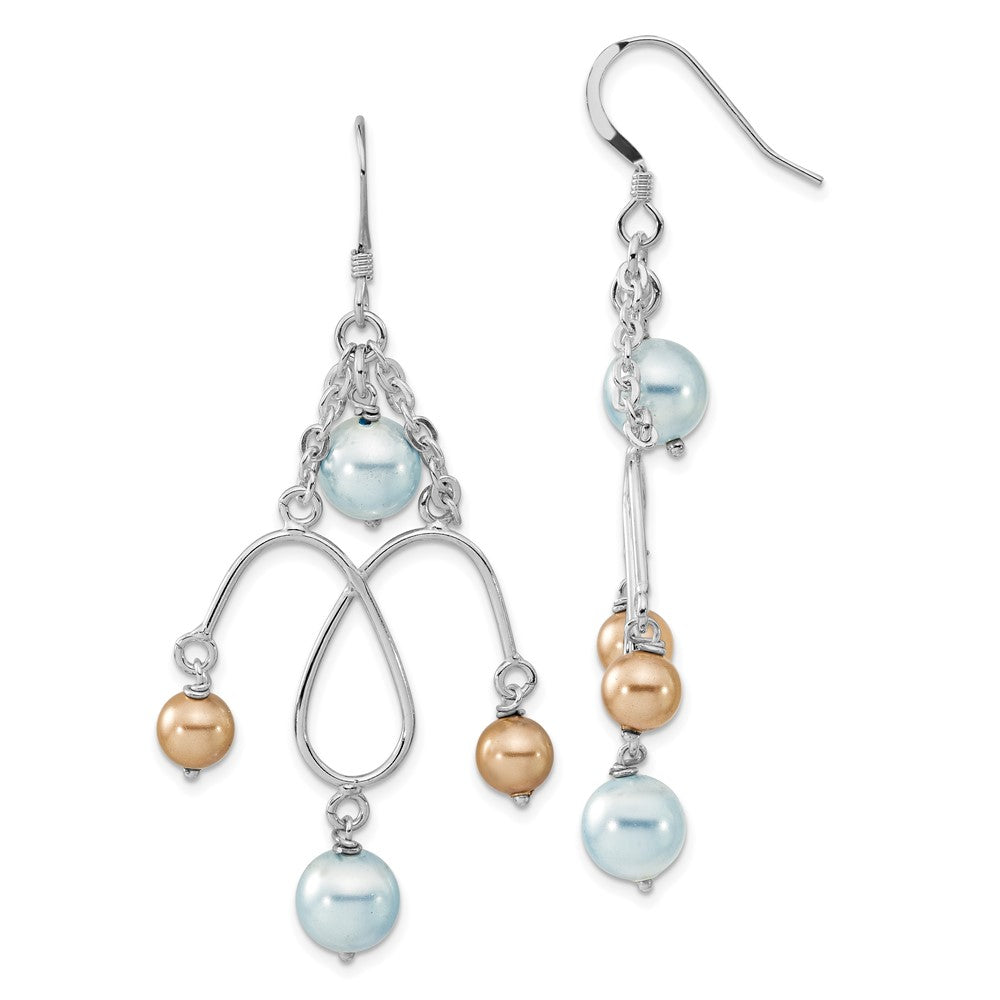 Sterling Silver Polished Blue & Champagne Simulated Pearl Dangle Earrings