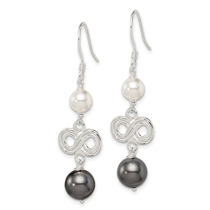 Sterling Silver Polished Grey & White Glass Pearl Infinity Dangle Earrings