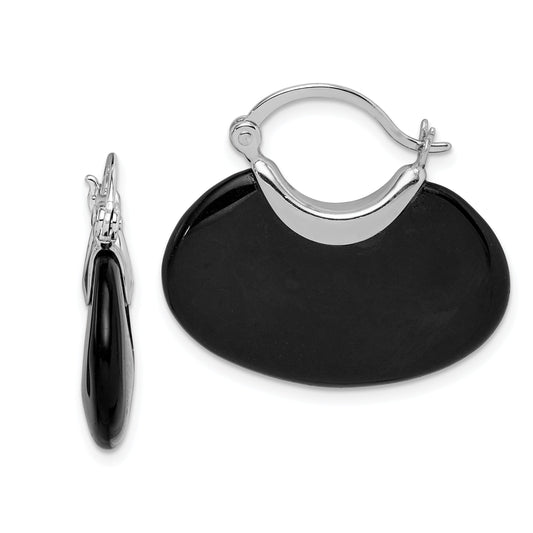 Sterling Silver Rhodium-Plated Polished Onyx Hoop Earrings