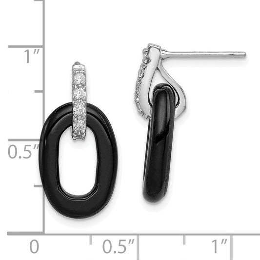 Sterling Silver Rhod-Plated Polished Onyx & Cz Oval Post Dangle Earrings