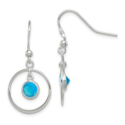 Sterling Silver Polished Blue Cz Circle Dangle Earrings