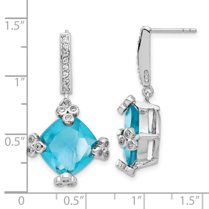 Sterling Silver Blue & Clear Cz Post Dangle Earrings