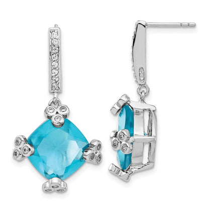 Sterling Silver Blue & Clear Cz Post Dangle Earrings