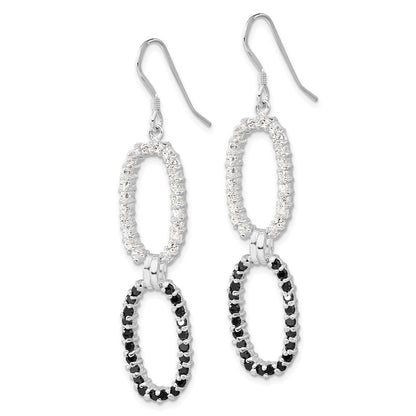 Sterling Silver Polished Fancy Black & Clear Cz Oval Dangle Earrings