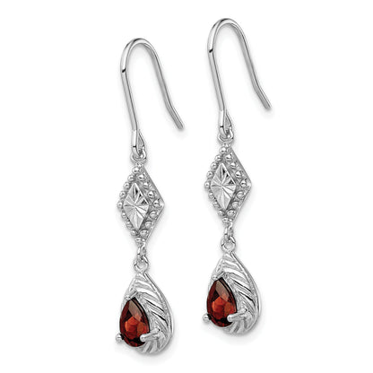 Sterling Silver Rhodium-Plated Polished Diamond-Cut & Textured Red Cz Teardrop Dangle Earrings