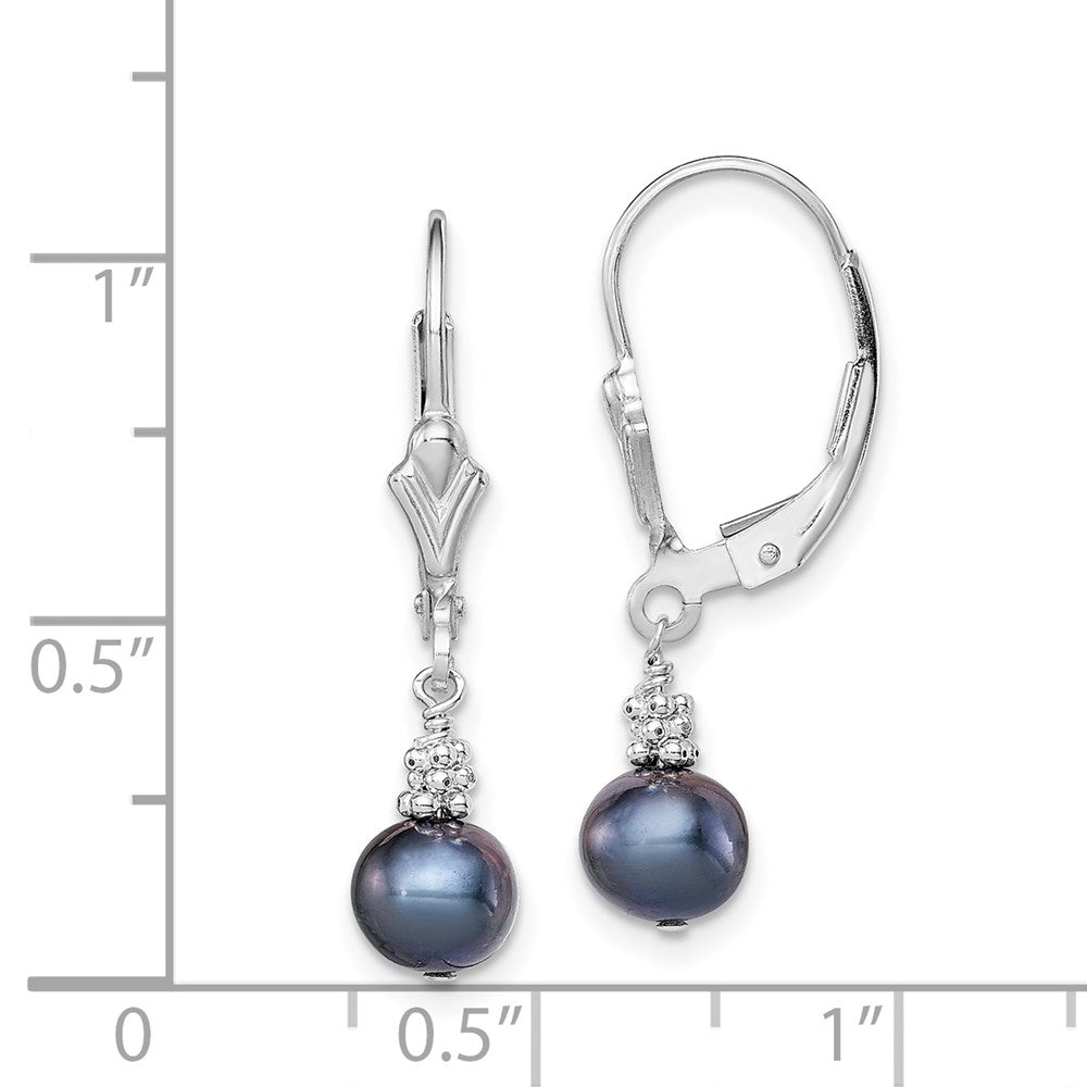 Sterling Silver Rhodium-Plated Polished & Beaded 6-7mm Black Freshwater Cultured Pearl Leverback Dangle Earrings