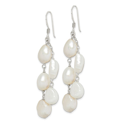 Sterling Silver Polished White 8-10mm Baroque Freshwater Cultured Pearl Two-Strand Dangle Earrings