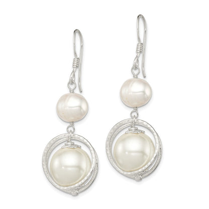 Sterling Silver Polished & Textured White 8-9mm Freshwater Cultured Pearl 11-12mm Shell Dangle Earrings