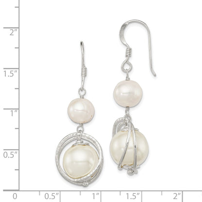 Sterling Silver Polished & Textured White 8-9mm Freshwater Cultured Pearl 11-12mm Shell Dangle Earrings