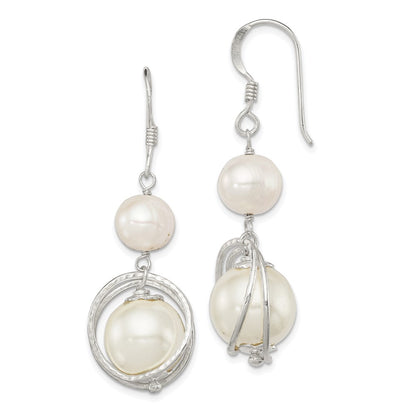Sterling Silver Polished & Textured White 8-9mm Freshwater Cultured Pearl 11-12mm Shell Dangle Earrings