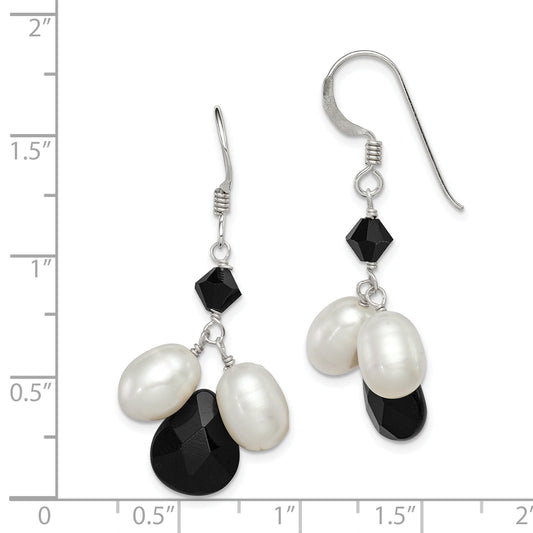 Sterling Silver Polished Fwc Pearl / Black Crystal Onyx Dangle Earrings