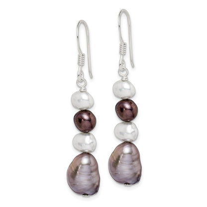 Sterling Silver Polished Black, White And Grey 6-9mm Freshwater Cultured Pearl Dangle Earrings