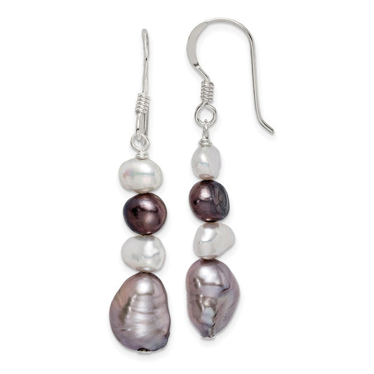 Sterling Silver Polished Black, White And Grey 6-9mm Freshwater Cultured Pearl Dangle Earrings