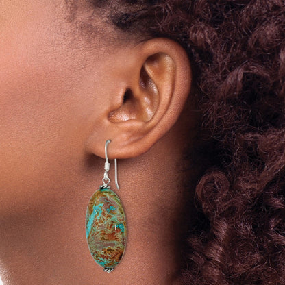 Sterling Silver Polished & Antiqued Twisted Bead Blue Jasper Oval Dangle Earrings