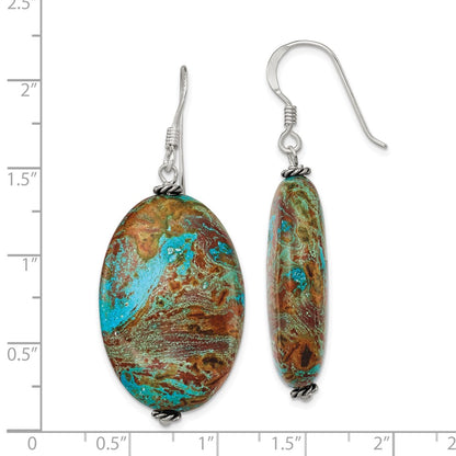 Sterling Silver Polished & Antiqued Twisted Bead Blue Jasper Oval Dangle Earrings