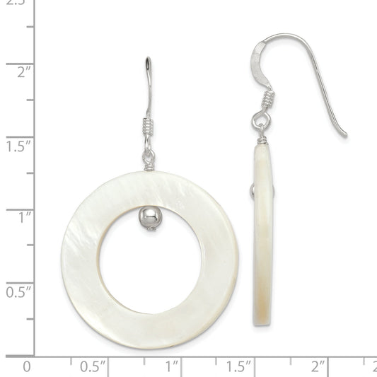 Sterling Silver Polished White Mother Of Pearl Circle Dangle Earrings