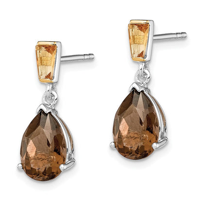 Sterling Silver Brilliant Gemstones With 14K Accent Rhodium-Plated Smoky Quartz And Citrine Earrings