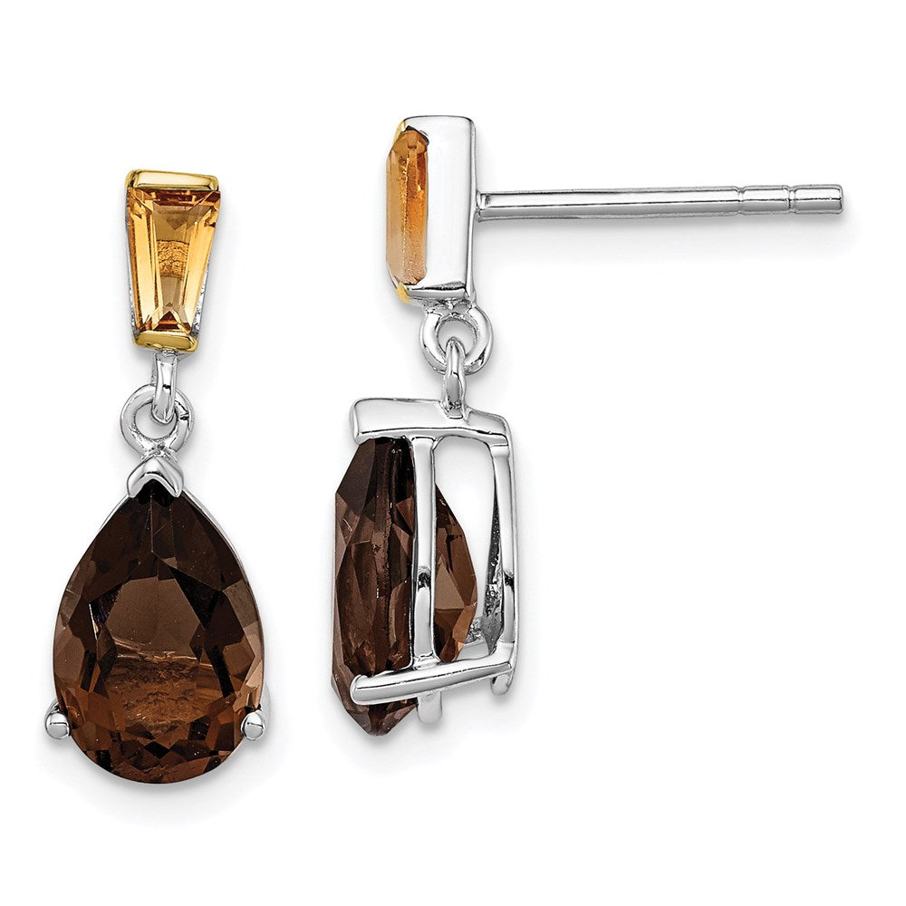 Sterling Silver Brilliant Gemstones With 14K Accent Rhodium-Plated Smoky Quartz And Citrine Earrings