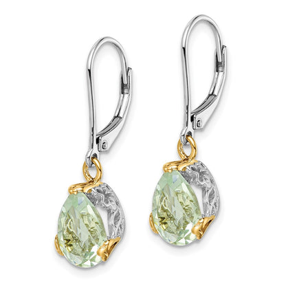 Sterling Silver Brilliant Gemstones With 14K Accent Rhodium-Plated Green Quartz Leverback Earrings