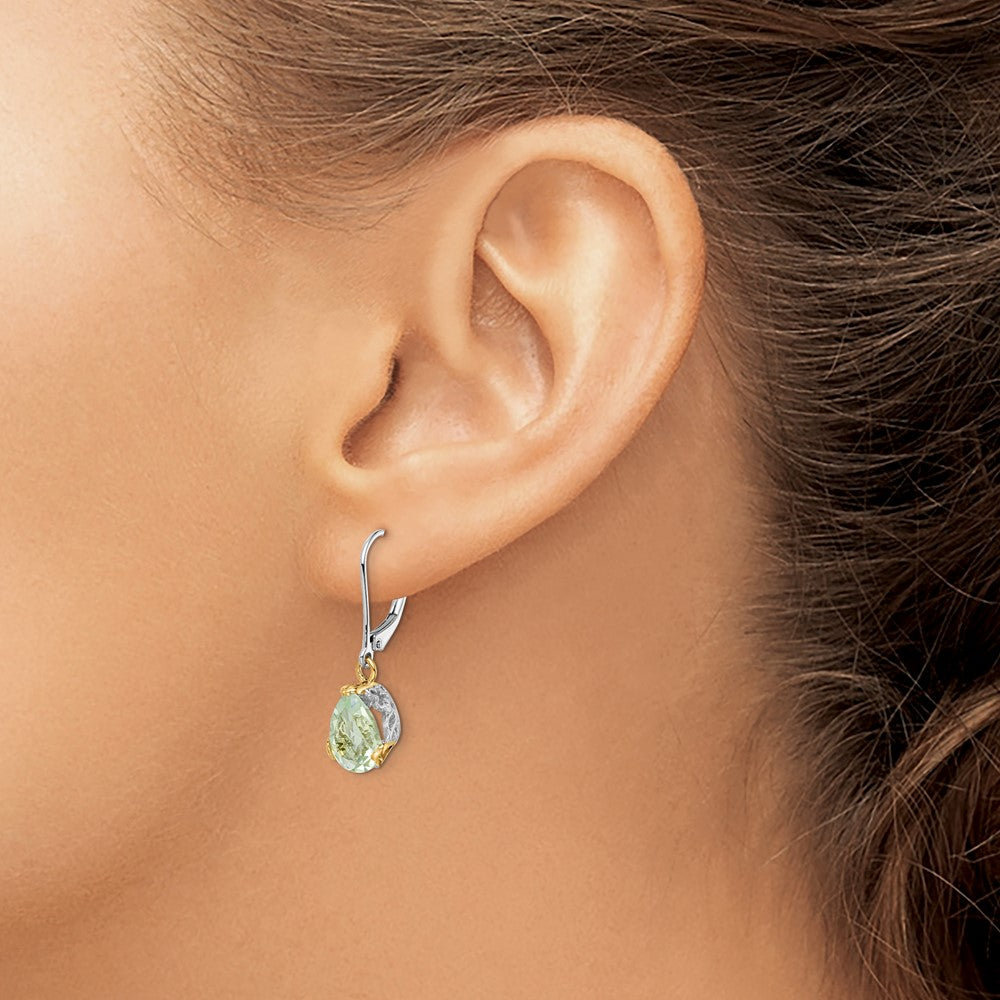 Sterling Silver Brilliant Gemstones With 14K Accent Rhodium-Plated Green Quartz Leverback Earrings