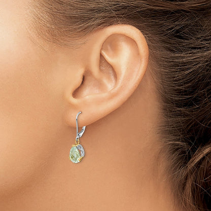 Sterling Silver Brilliant Gemstones With 14K Accent Rhodium-Plated Green Quartz Leverback Earrings
