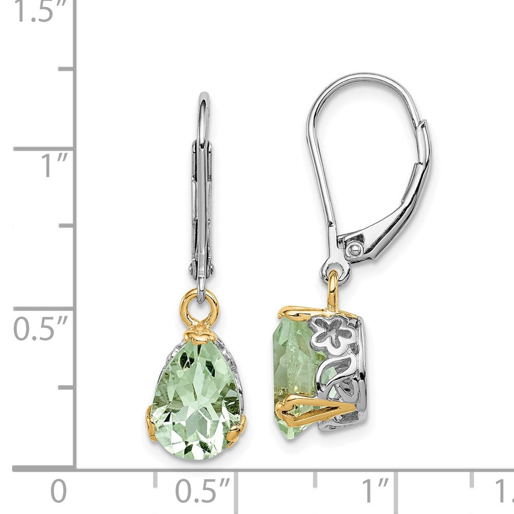 Sterling Silver Brilliant Gemstones With 14K Accent Rhodium-Plated Green Quartz Leverback Earrings