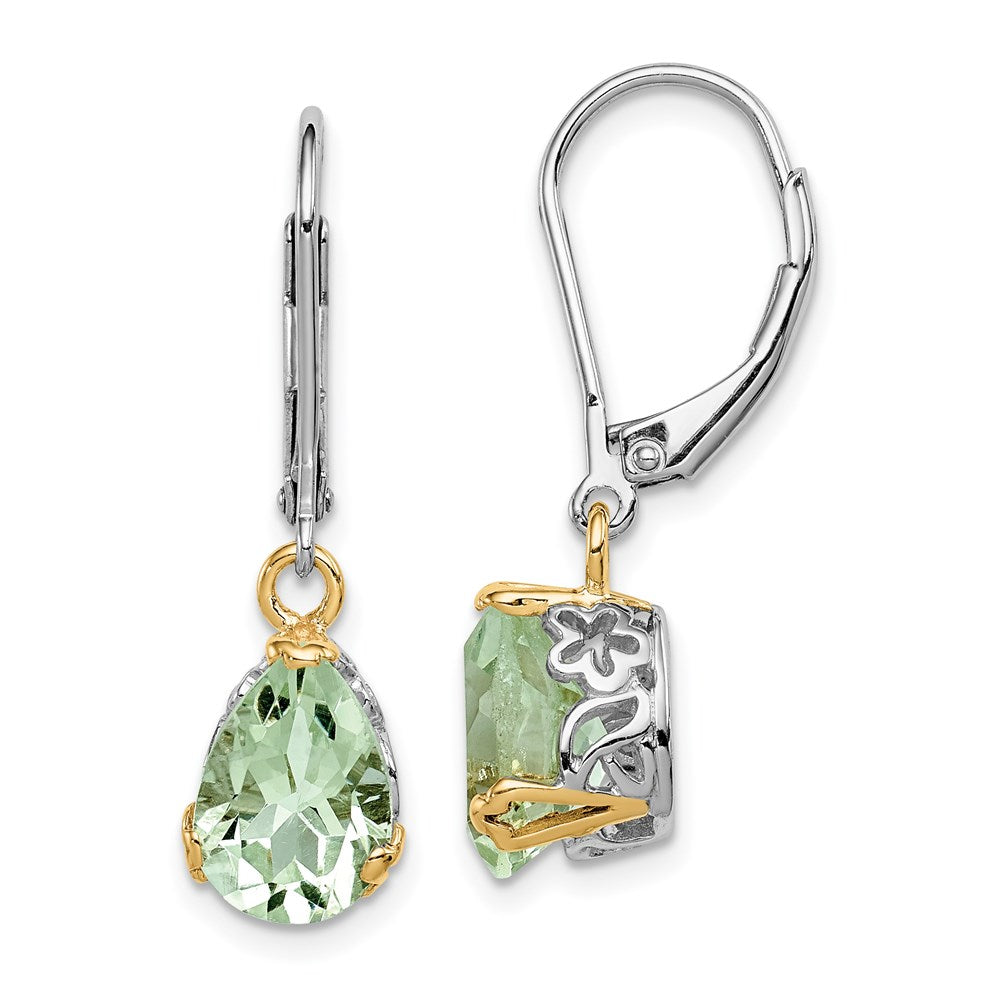 Sterling Silver Brilliant Gemstones With 14K Accent Rhodium-Plated Green Quartz Leverback Earrings