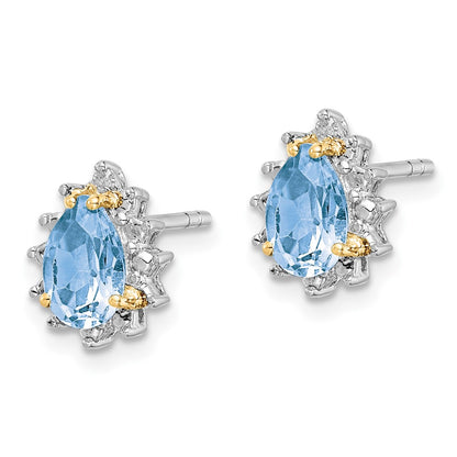 Sterling Silver Brilliant Gemstones With 14K Accent Rhodium-Plated Sky Blue Topaz And Diamond Post Earrings