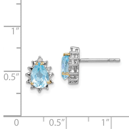 Sterling Silver Brilliant Gemstones With 14K Accent Rhodium-Plated Sky Blue Topaz And Diamond Post Earrings
