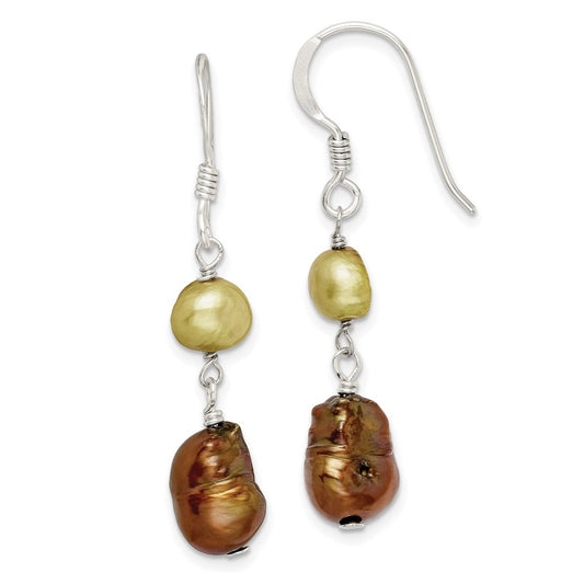 Sterling Silver Polished Champagne & Copper Fwc Pearl Dangle Earrings