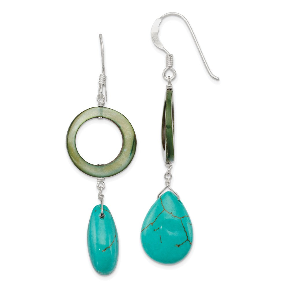 Sterling Silver Dyed Blue Howlite & Green Mother Of Pearl Dangle Earrings