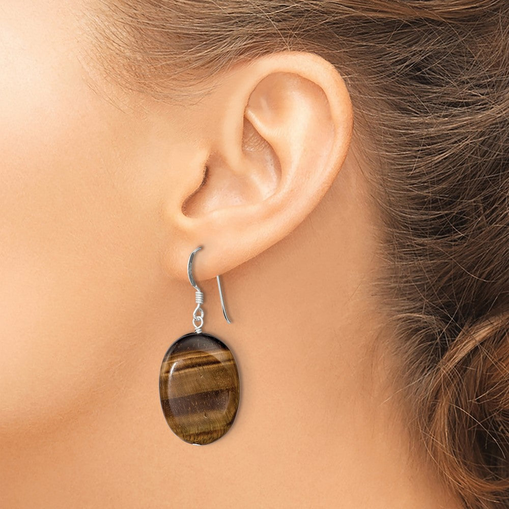 Sterling Silver Polished Tiger'S Eye Oval Dangle Earrings