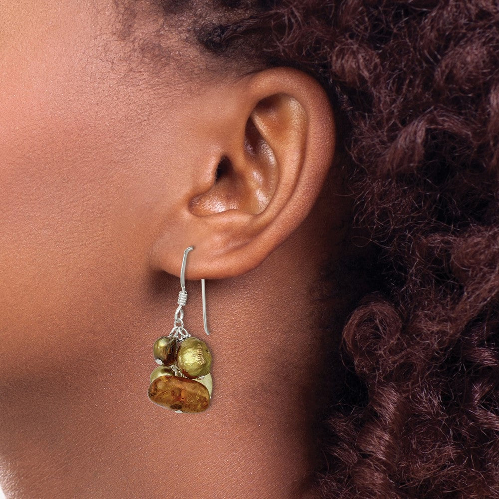 Sterling Silver Polished Amber, Citrine & Fw Cultured Pearl Dangle Earrings