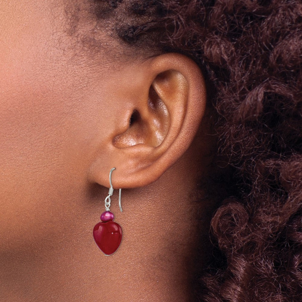 Sterling Silver Polished Red Fwc Pearl & Jade Heart Dangle Earrings