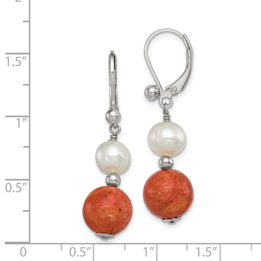 Sterling Silver Rhod-Pltd Fwc Pearl/Recons. Red Coral Dangle Earrings