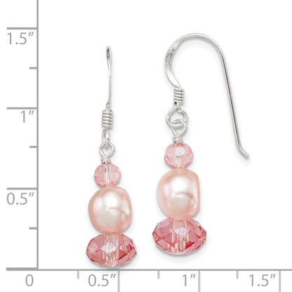 Sterling Silver Polished Peach Crystal & Pink Fwc Pearl Dangle Earrings