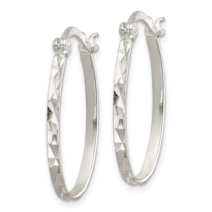 Sterling Silver Rhod-Plated Polished/Textured 2mm Oval Hoop Earrings