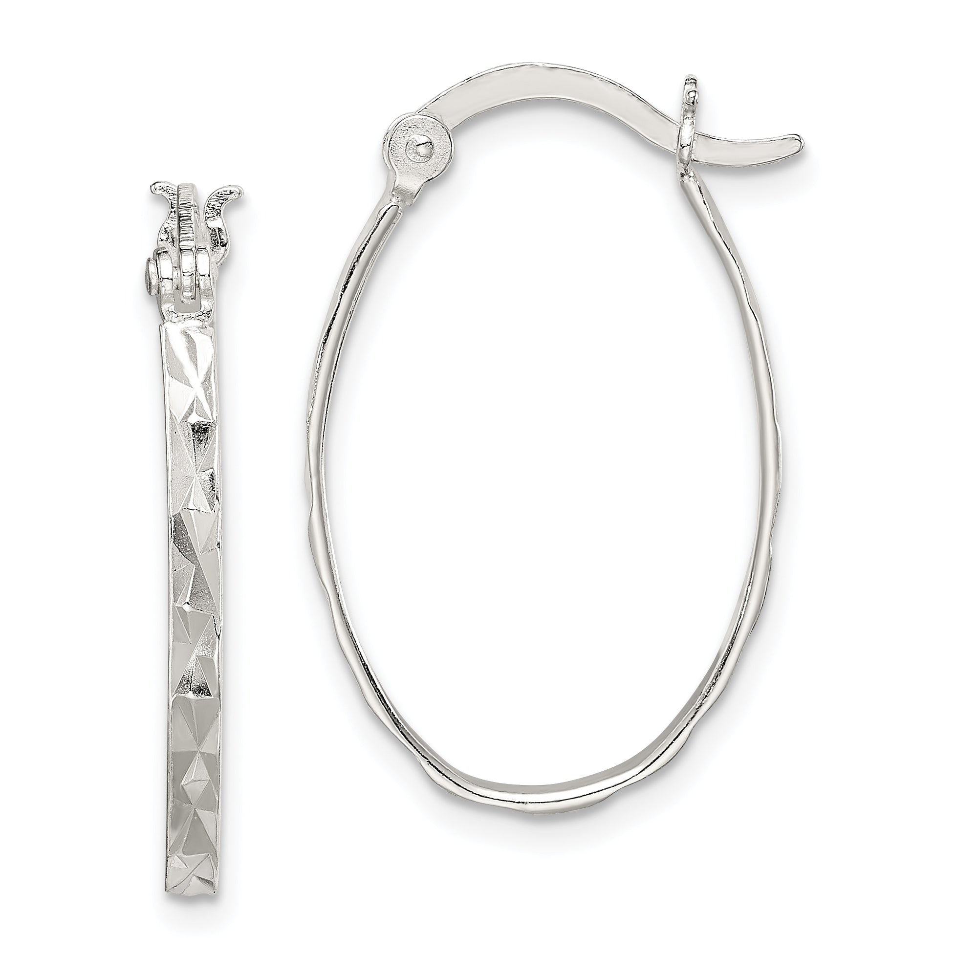 Sterling Silver Rhod-Plated Polished/Textured 2mm Oval Hoop Earrings