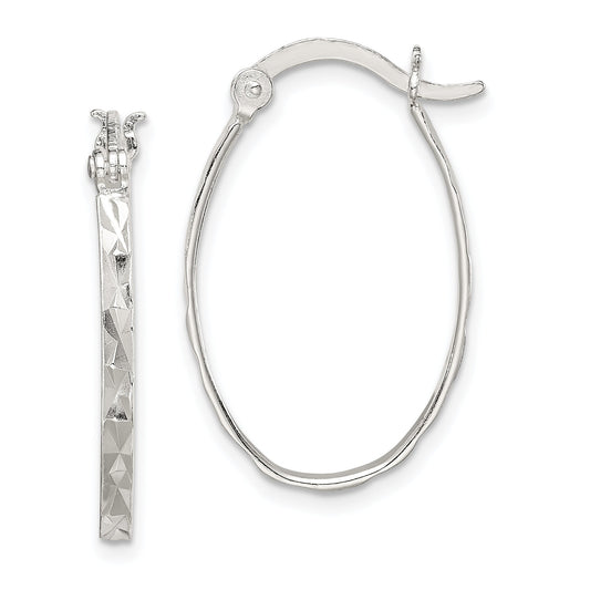 Sterling Silver Rhod-Plated Polished/Textured 2mm Oval Hoop Earrings