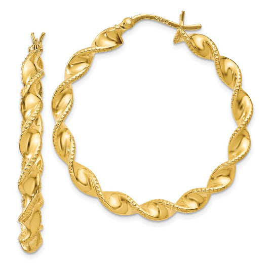 Sterling Silver Gold Flash Plated Patterned Twisted 4X35mm Hoop Earrings